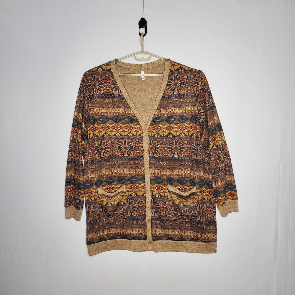 Olrik Button Cardigan Women 4X Brown Fair Isle Stripe Floral Print Knit Pocket